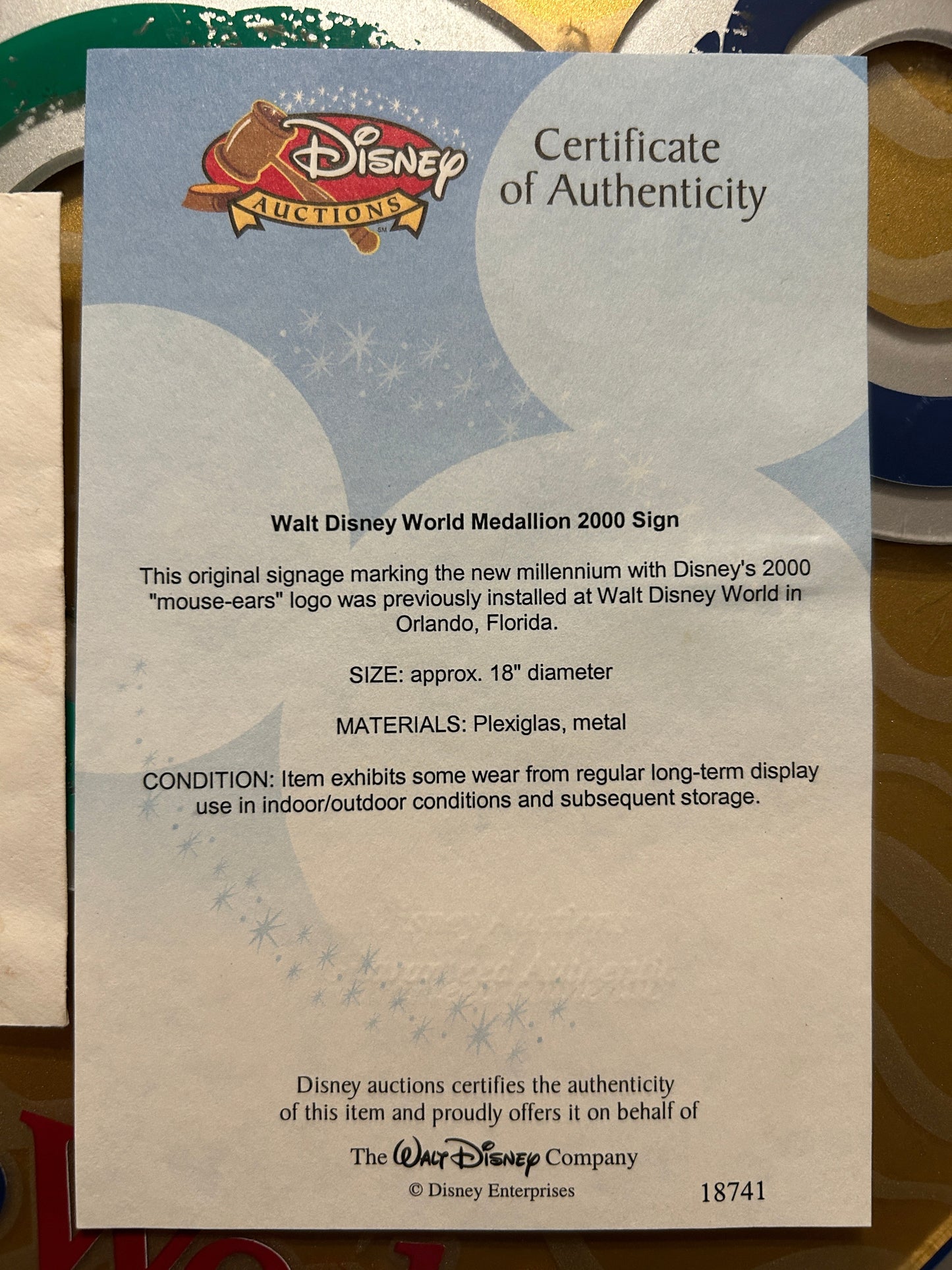 Walt Disney World 2000 Pole SIgn with DISNEY AUCTIONS Certificate