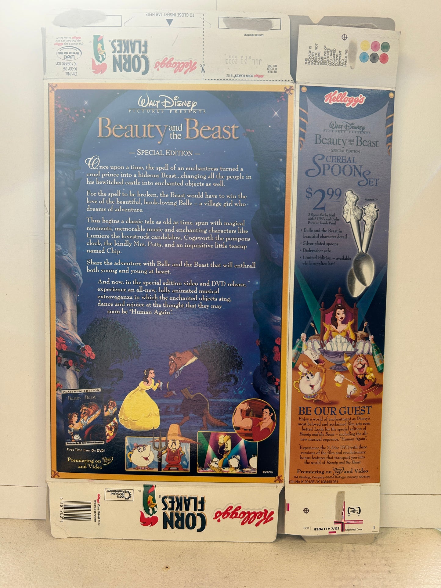 Beauty and the Beast 2003 Kellogg's Corn Flakes Cereal Box - Disney Belle