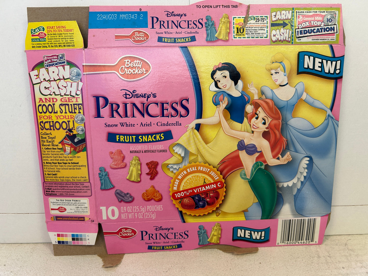 2003 Disney Princes Fruit Snacks Betty Crocker Box - Snow White Cinderella Ariel