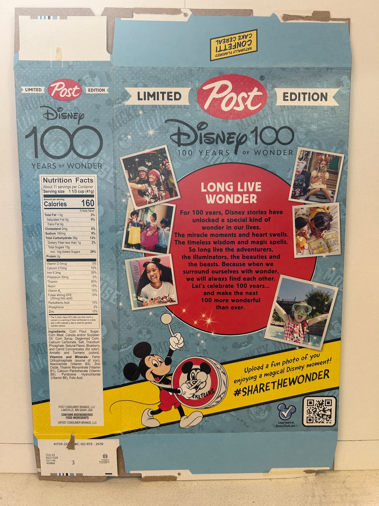 2022 Post Limited Edition Disney 100 Years of Wonder Cereal Box - Mickey Mouse Club