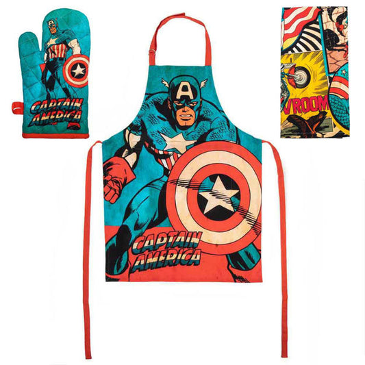 MARVEL Captain America Kitchen Set - Apron, Dish Towel & Oven Mitt