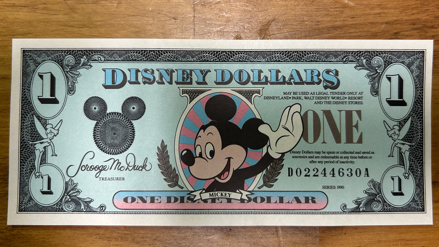 $1 Mickey Mouse 1990 Disney Dollar Money - Sleeping Beauty Castle - Disneyland
