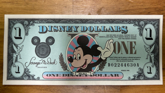$1 Mickey Mouse 1990 Disney Dollar Money - Sleeping Beauty Castle - Disneyland