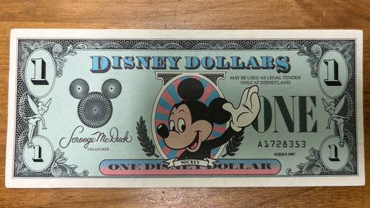 $1 MICKEY MOUSE 1987 Disney Dollar Money -Sleeping Beauty Castle Disneyland