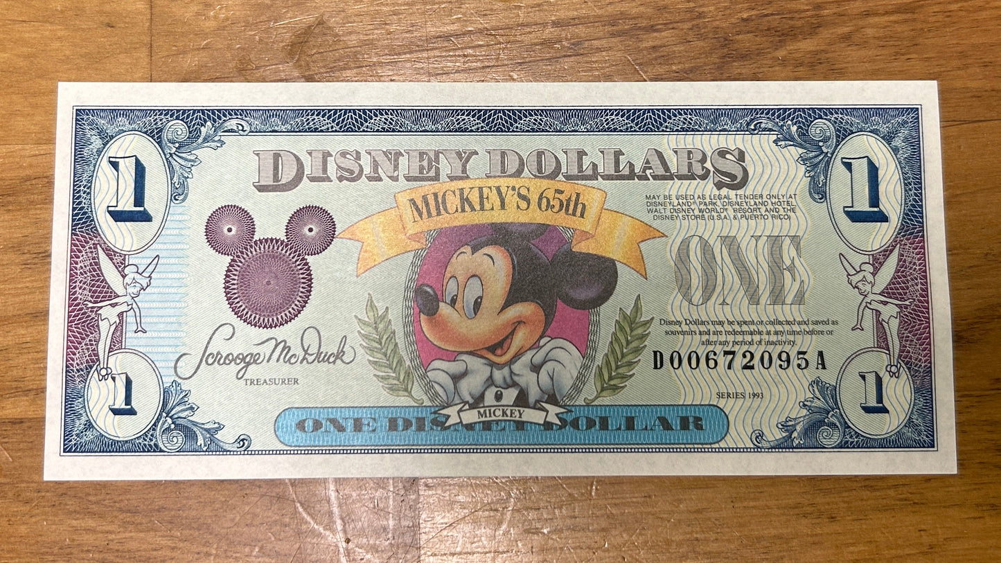$1 Mickey Mouse 1993 Disney Dollar Money - MM 65th - Toontown