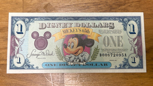 $1 Mickey Mouse 1993 Disney Dollar Money - MM 65th - Toontown