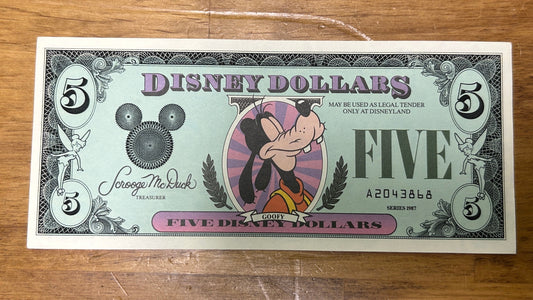 $5 GOOFY 1987 Disney Dollar Money - River Boat Mark Twain