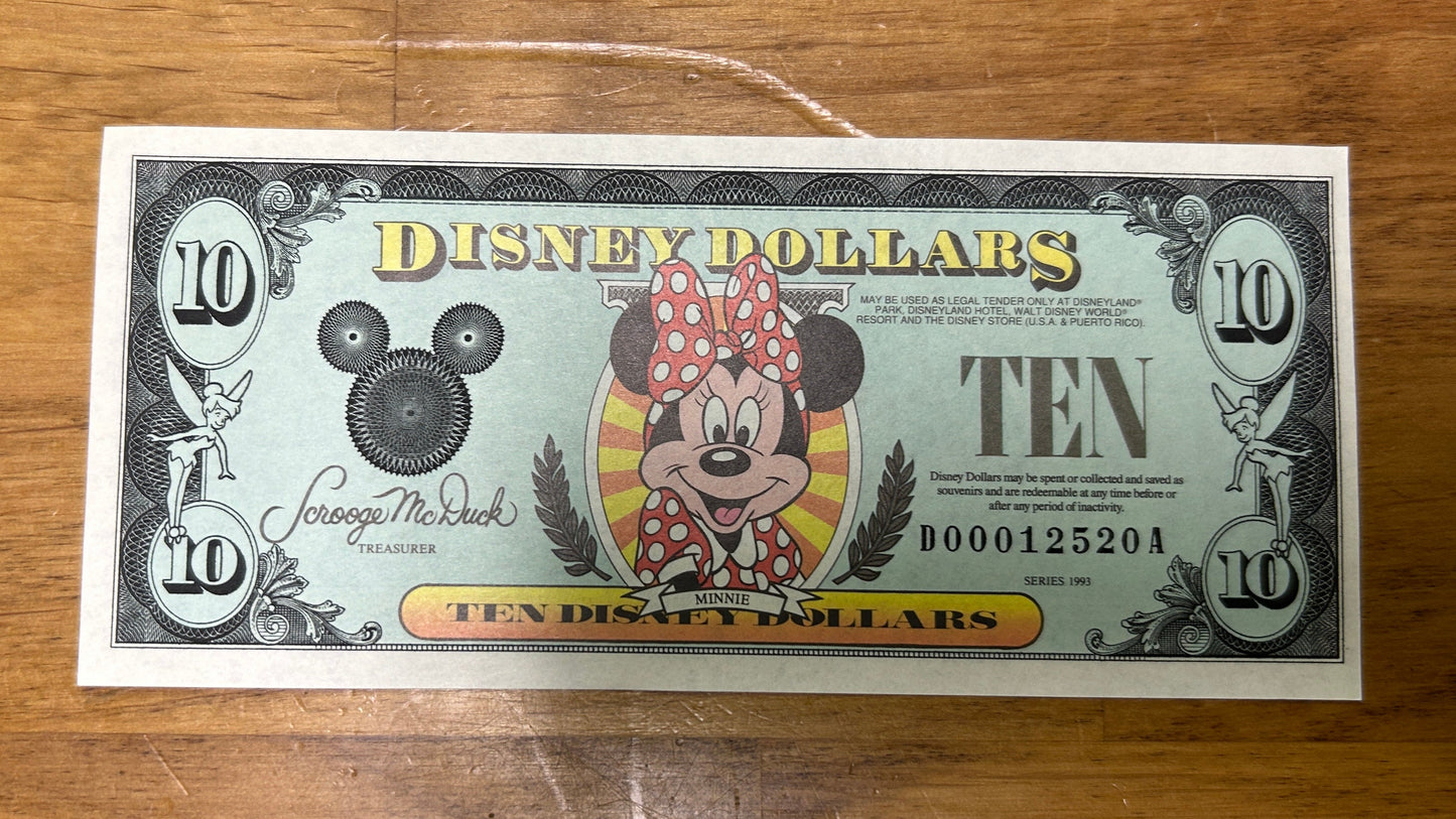 $10 Minnie Mouse 1993 Disney Dollar Money - Splash Mountain Monorail Matterhorn