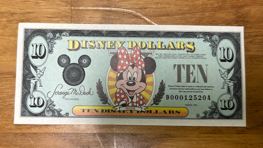 $10 Minnie Mouse 1993 Disney Dollar Money - Splash Mountain Monorail Matterhorn
