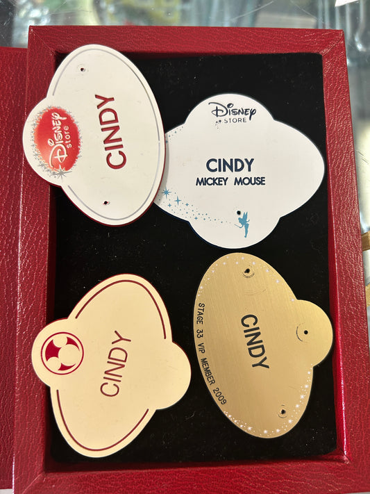 4 Different DISNEY STORE Cast Member Name Tags - CINDY in Mickey Mouse Box