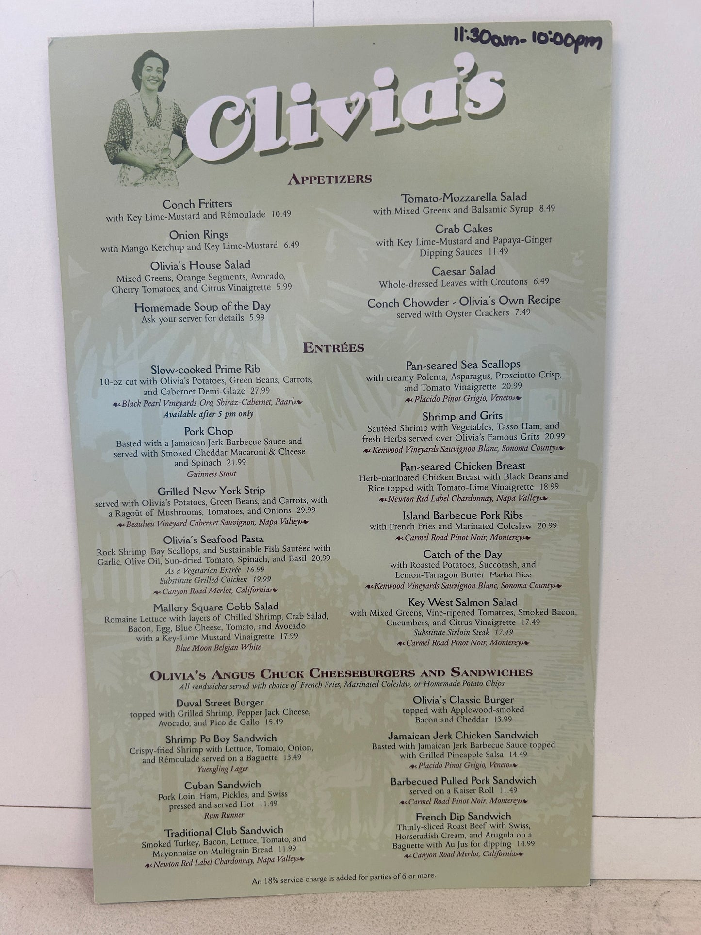 OLIVIA's CAFE Restaurant MENU - Walt Disney World Old Key West Resort - 2016