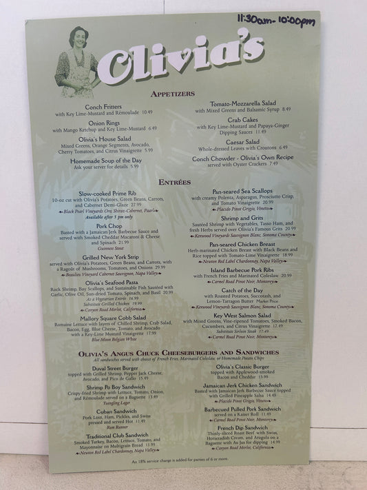 OLIVIA's CAFE Restaurant MENU - Walt Disney World Old Key West Resort - 2016