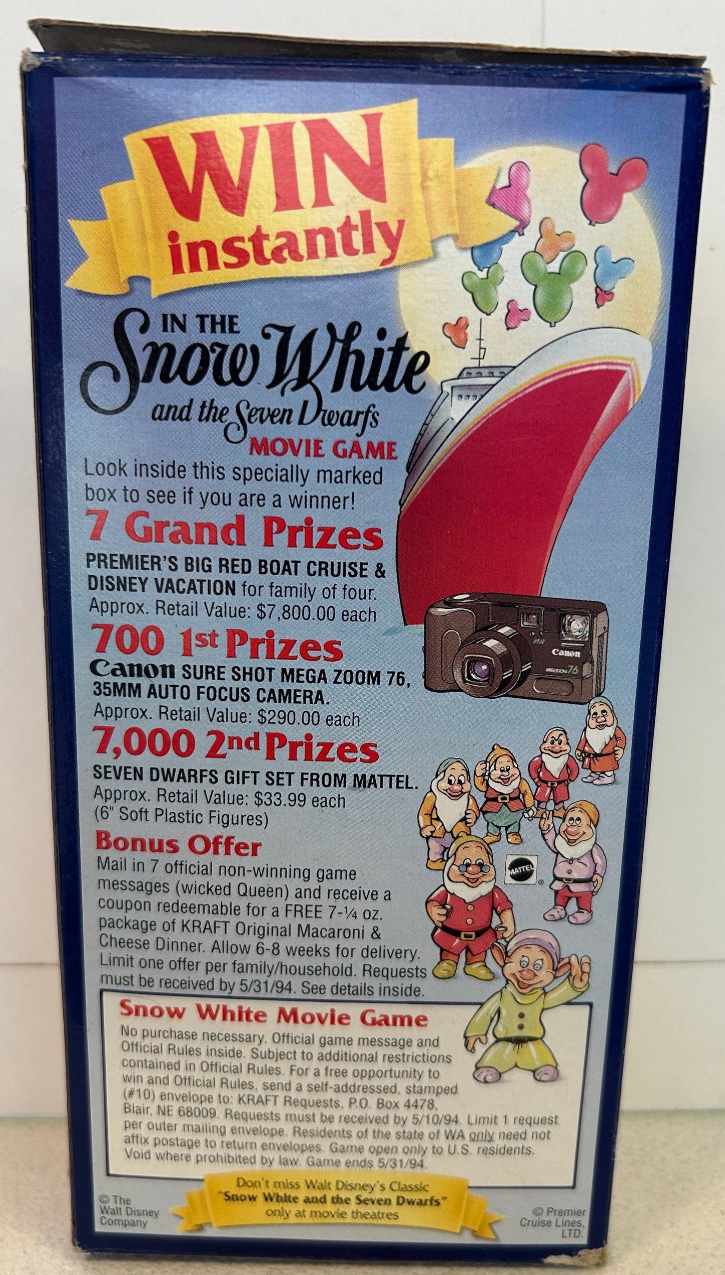 1993 Kraft Macaroni & Cheese Dinner SNOW WHITE & Seven Dwarfs BIG RED BOAT Disney Cruise