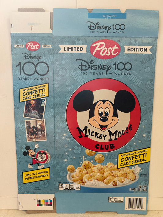 2022 Post Limited Edition Disney 100 Years of Wonder Cereal Box - Mickey Mouse Club