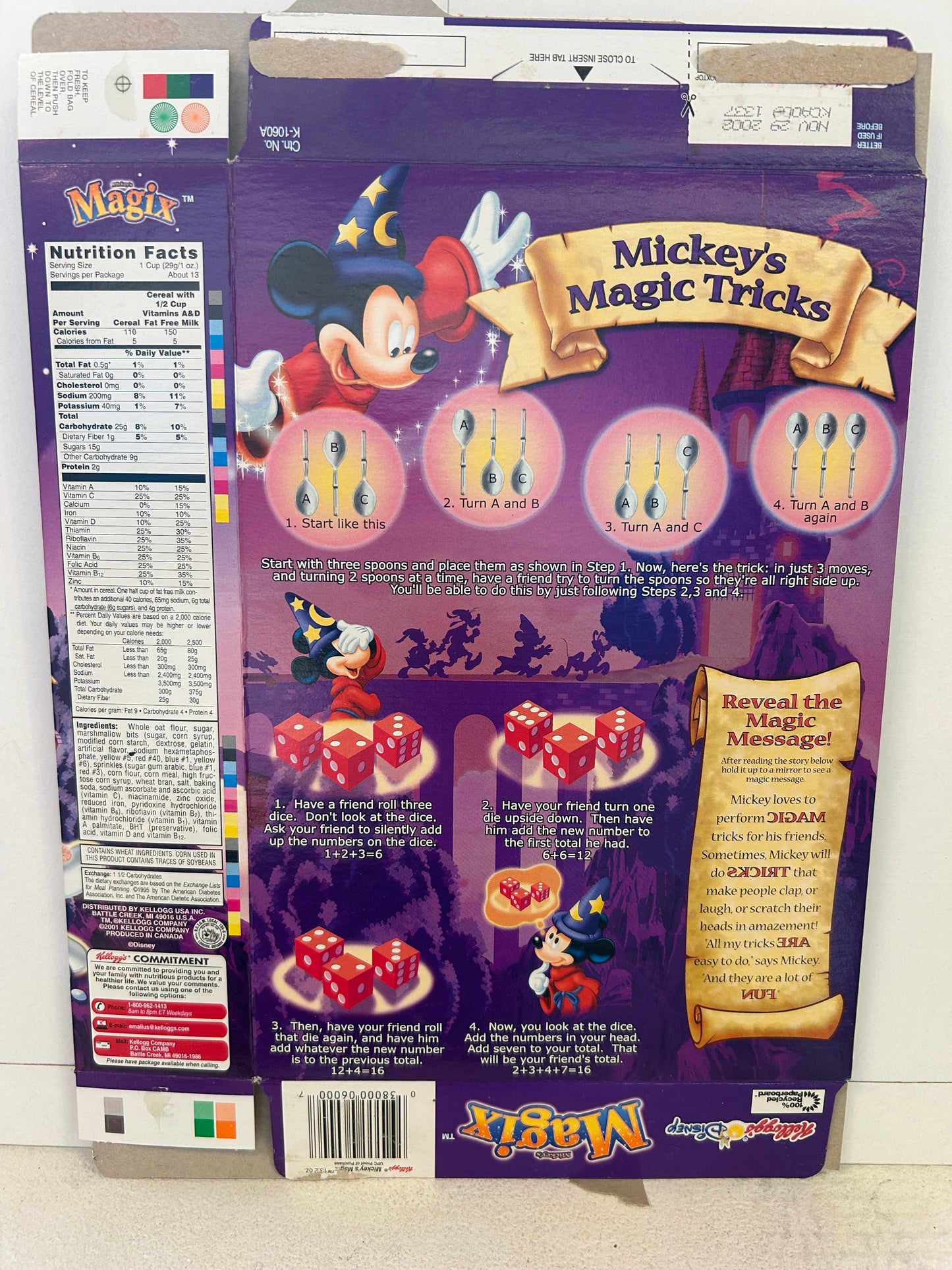 Mickey's Magic 2001 Kellogg's Cereal Box - Sorcerer Mickey Mouse Fantasia