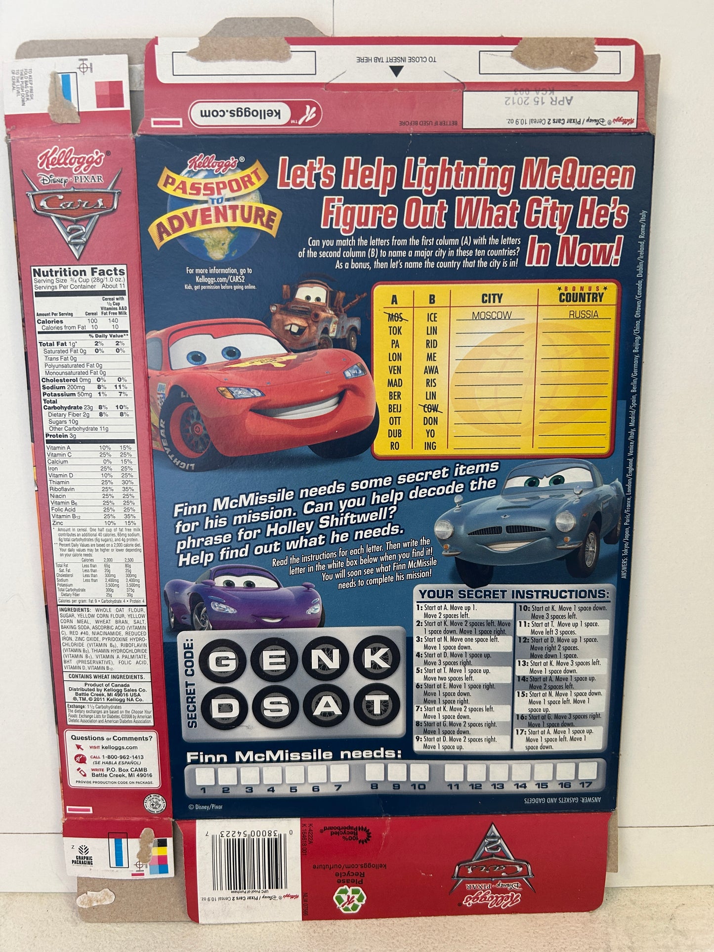 2011 CARS 2 Limited Edition Kellogg's Cereal Box
