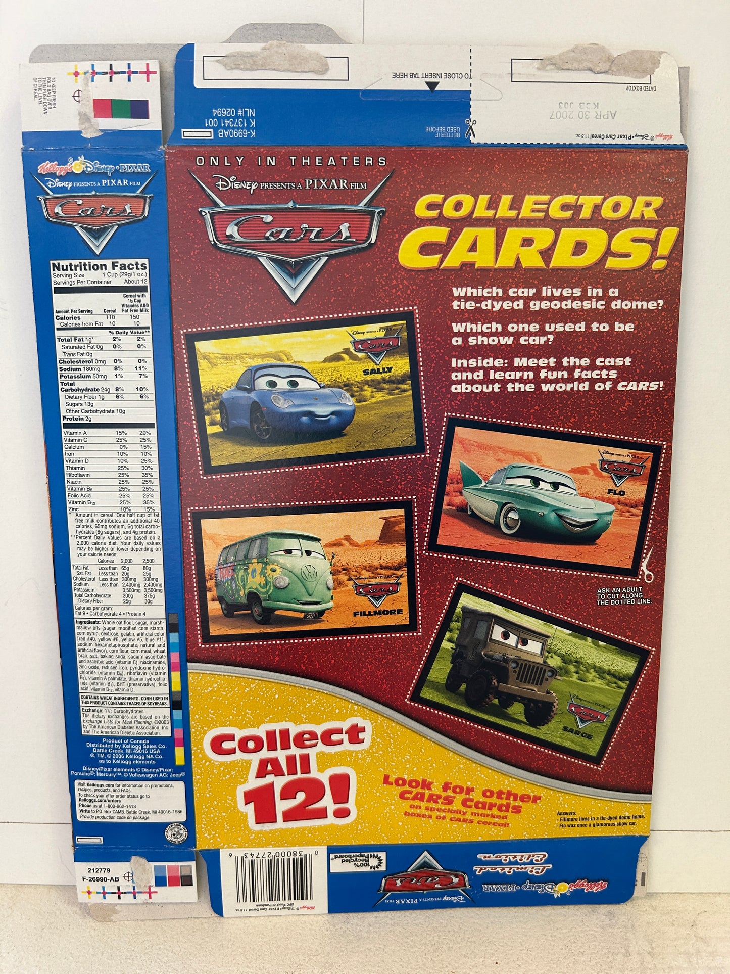 2006 CARS Limited Edition Kellogg's Cereal with 4 cards - Fillmore Sally Flo Sarge
