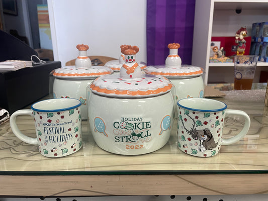 EPCOT 2022 Holiday Cookie Jar + 2 Espresso Mug Ola Sven Mickey Mouse